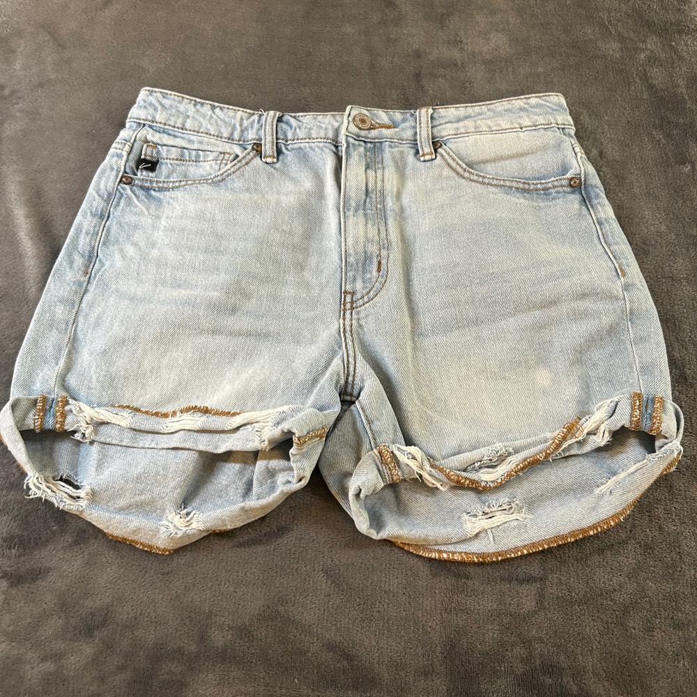 KanCan Denim Shorts Gigi High Rise Double Fold Light Wash Distress Womens 9 / 28